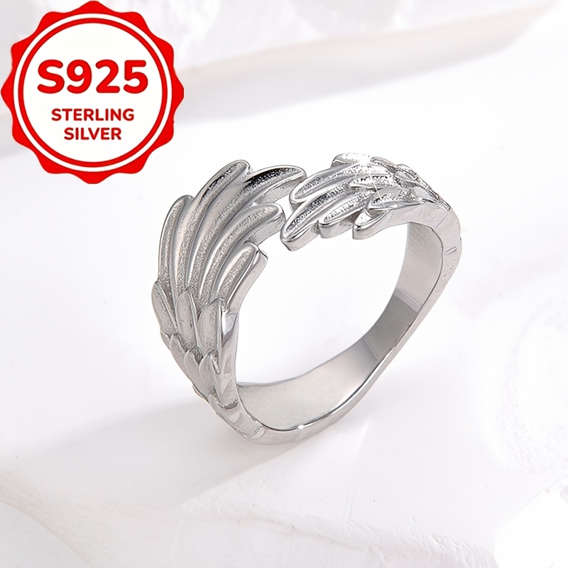 Women's S925 Silver Double-Wing Design Ring with Embossed Texture
